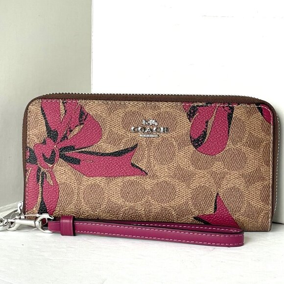 Coach Long Zip Around Red Bow Wallet Phone Wristlet Brown Canvas CZ326 - Picture 1 of 6
